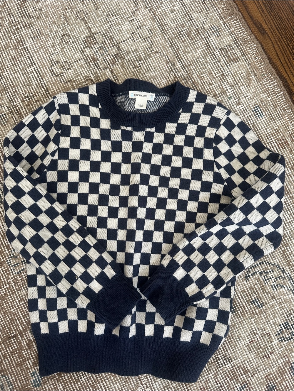 Crewcuts Navy and Cream Checkerboard Crewneck Sweater